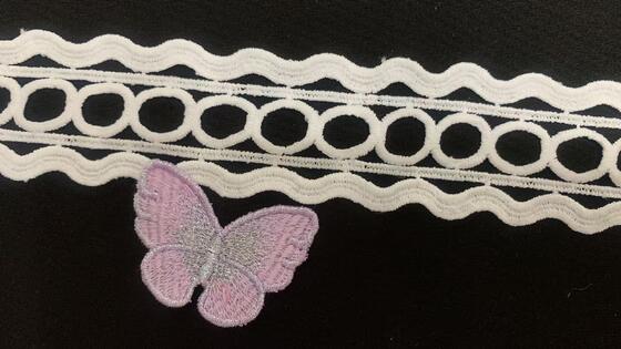 Quality 5cm Width Milk Yarn Embroidery Lace Trim with Multi-layer Geometric Design and Tidy Cut Edge for Apparel Decoration factory