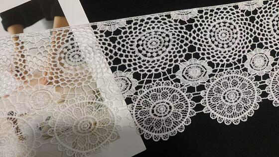 Quality 18cm Width Milk Yarn Lace Trim with Multi-tier Circular Rosette Motifs and Large-width Hollow Lace for Dress Hem Decoration factory