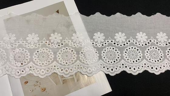 Quality Natural Cotton Chicken Embroidery Lace Trim with Stacked Flower Embroidery and Scalloped Wavy Border factory