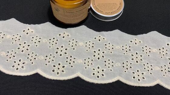 Quality 7.5cm Width Cotton Chicken Lace Trim with Small Floral-Geometric Eyelet Motifs and Soft Wavy Scallop Edge for Garment Trimming factory