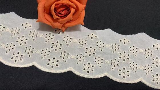 Quality 7.5cm Width Cotton Chicken Lace Trim with Small Floral-Geometric Eyelet Motifs and Soft Wavy Scallop Edge for Garment Trimming factory