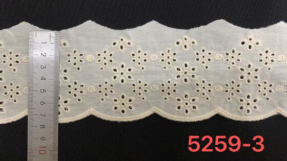 Quality 7.5cm Width Cotton Chicken Lace Trim with Small Floral-Geometric Eyelet Motifs and Soft Wavy Scallop Edge for Garment Trimming factory