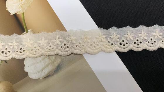 Quality 2.3cm Width Cotton Chicken Lace Trim with Small Floral-Geometric Eyelet Motifs and Soft Wavy Scallop Edge for Garment Trimming factory