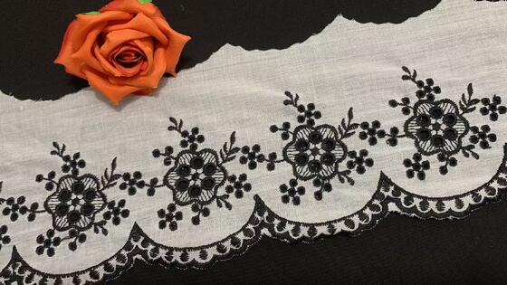 Quality 14cm Width Cotton Chicken Lace Trim with Floral Embroidery and Scalloped Edge for Dress Blouse Decoration factory